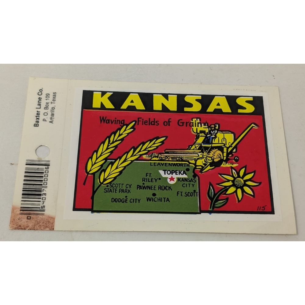 Vintage Kansas State Waving Fields of Grain Travel Decal Baxter Lane Farmer Art